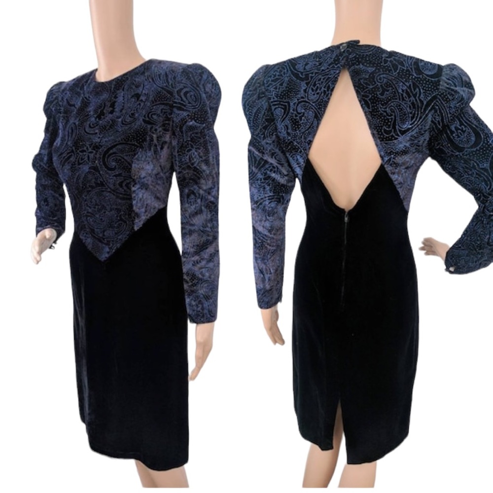 80s Open Back Dress Black Velvet Blue Metallic S XS Rimini